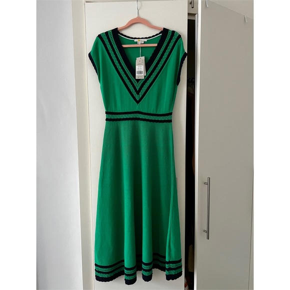 Boden $180 Green Navy V Neck Knitted Cotton Jumper Midi Dress UK6 US2 - Picture 2 of 4